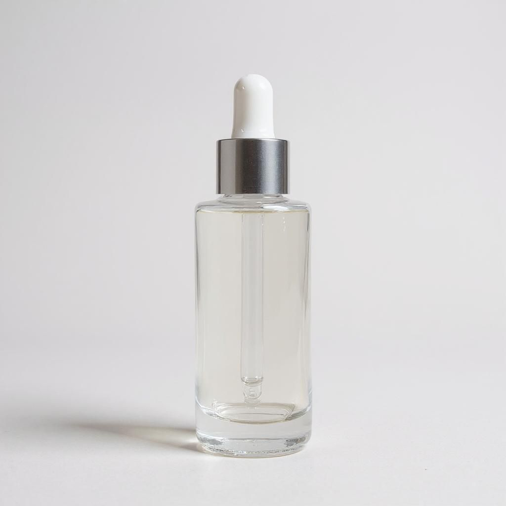 clear glass dropper bottle with white and silver pipette