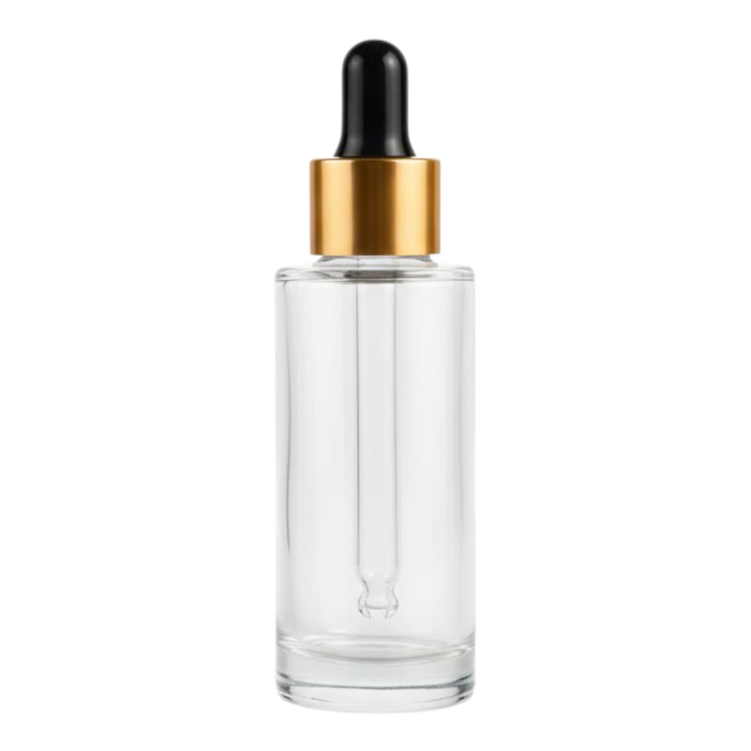 30ml clear glass dropper bottle with a gold cap