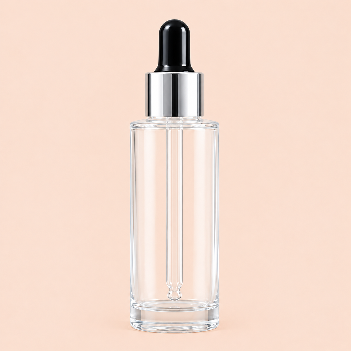 30ml clear glass dropper bottle with silver and black pipette,18mm | Flat Shoulder