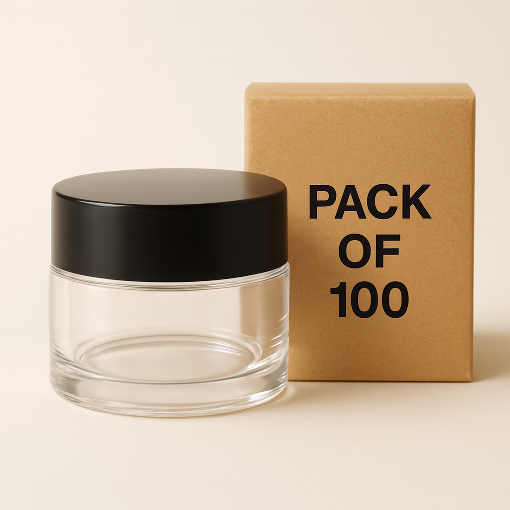 clear glass jar with black lid.Pack of 100
