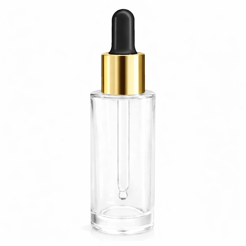 Clear glass dropper bottle with a gold cap