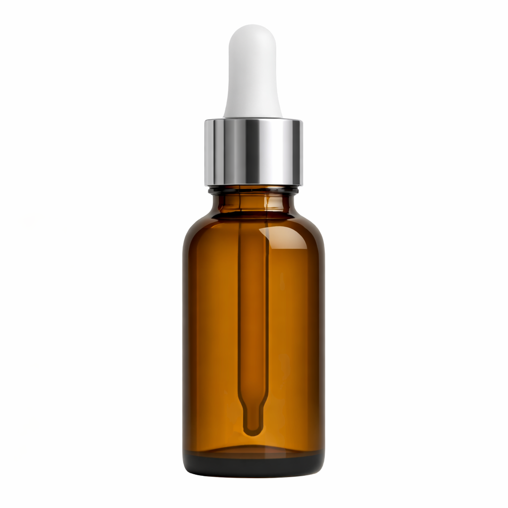 Amber glass dropper bottle with silver cap and white