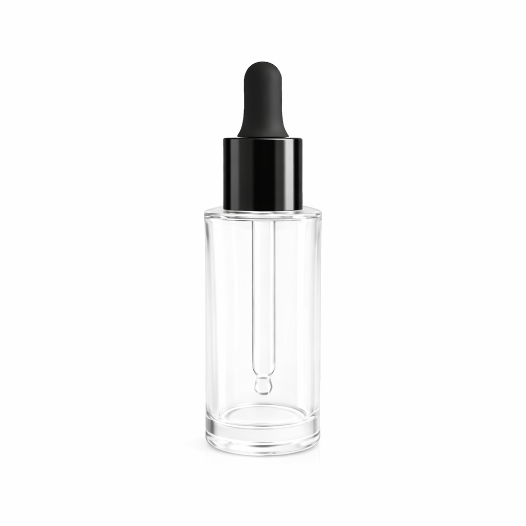 30ml clear glass dropper bottle with black pipette,18mm | Flat Shoulder