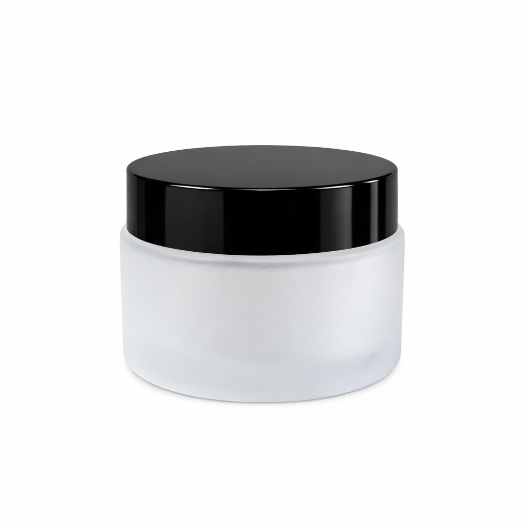 frosted glass jar with black lid