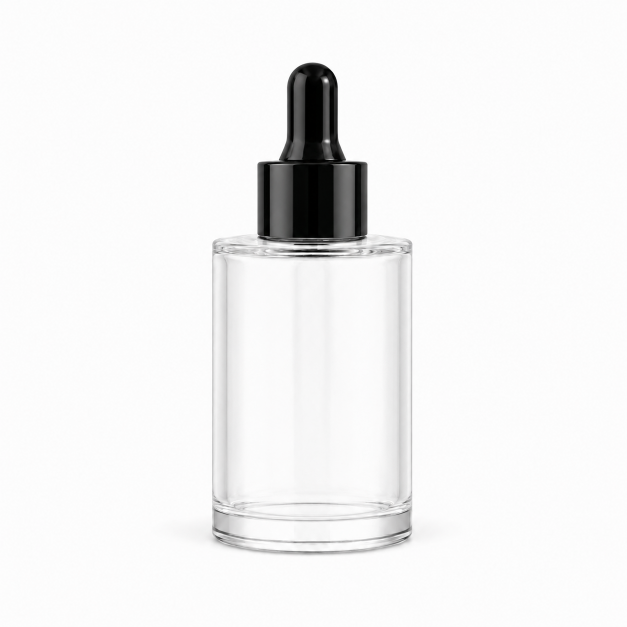 A clear glass dropper bottle with a black cap.30ml