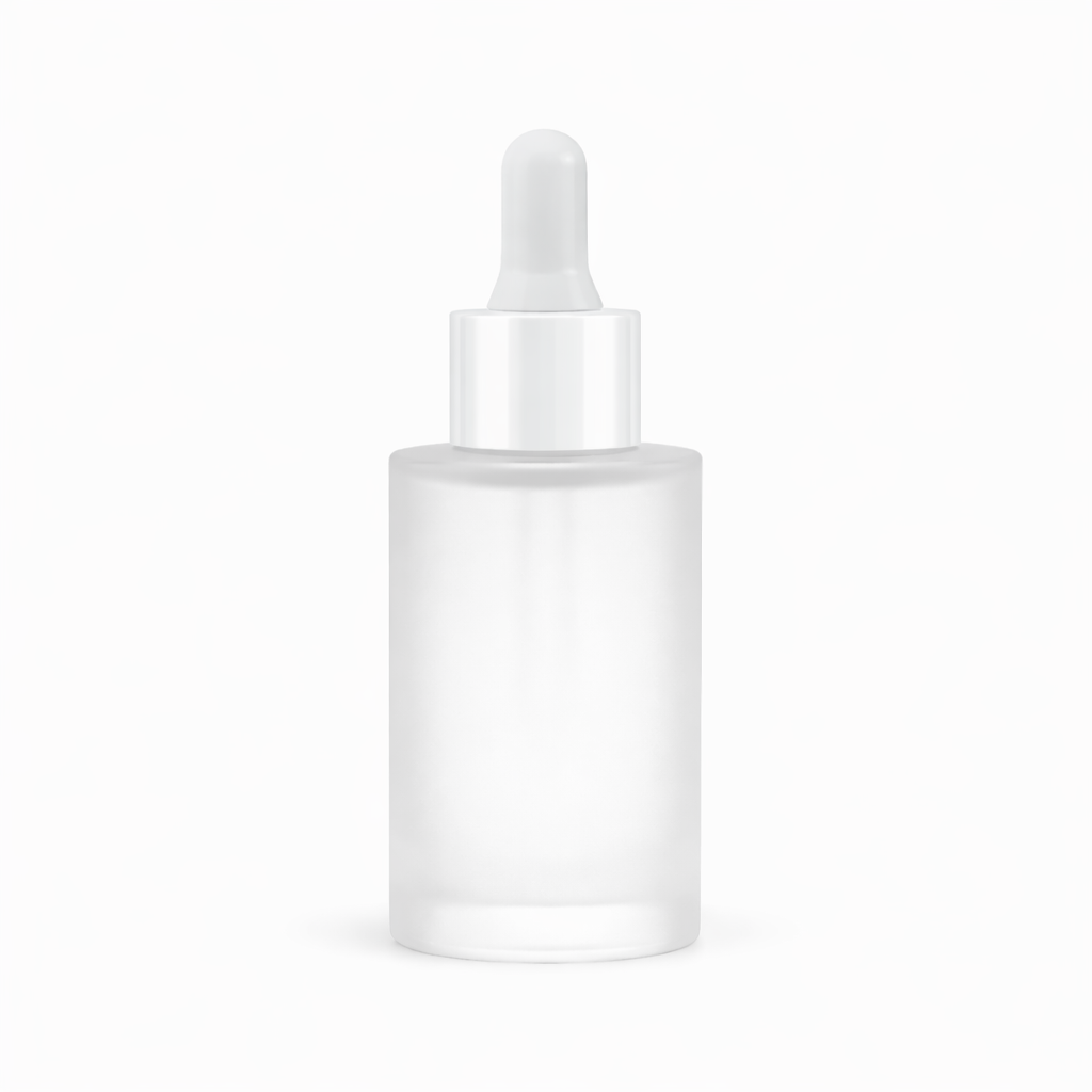 30ml frosted glass dropper bottle with white pipette | Flat Shoulder,20mm neck |