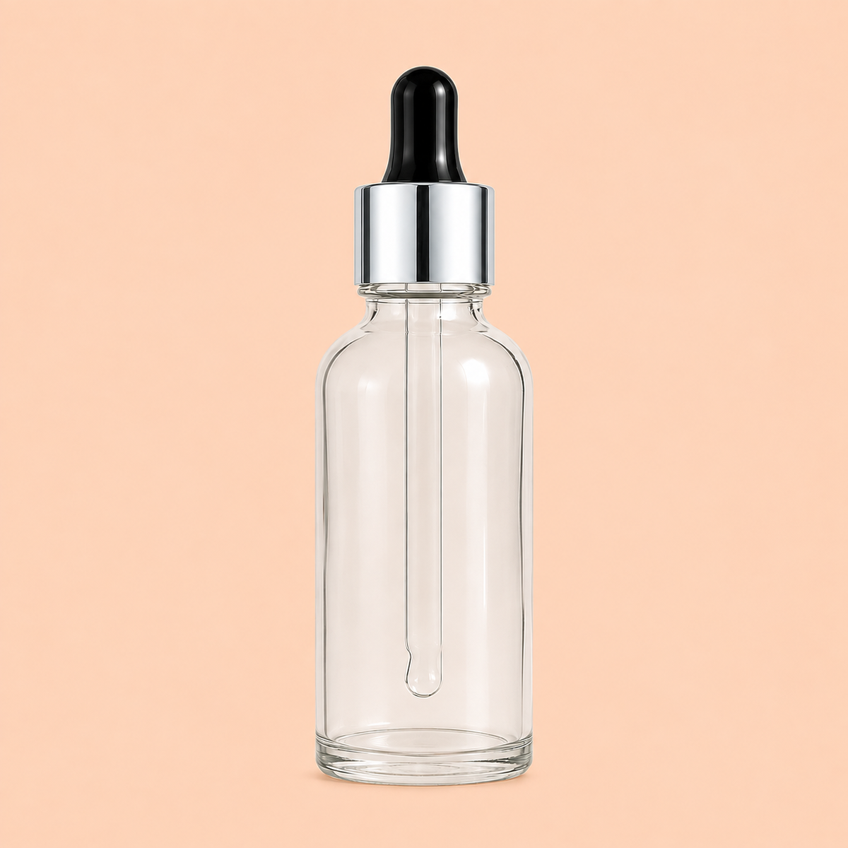 30ml clear dropper bottle with silver and black cap.