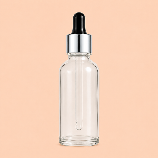 30ml clear dropper bottle with silver and black cap.