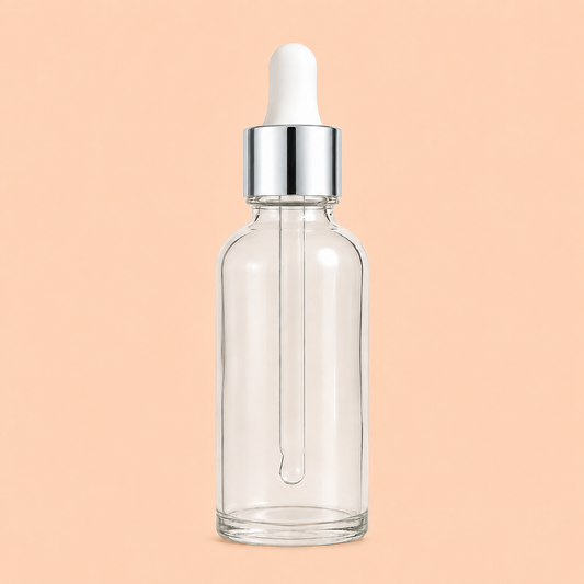 30ml clear dropper bottle with silver and white cap