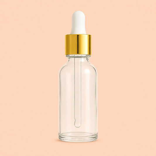 30ml clear glass dropeer bottle with gold and white cap