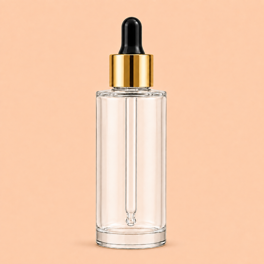 30ml clear glass dropper bottle.Gold and black cap