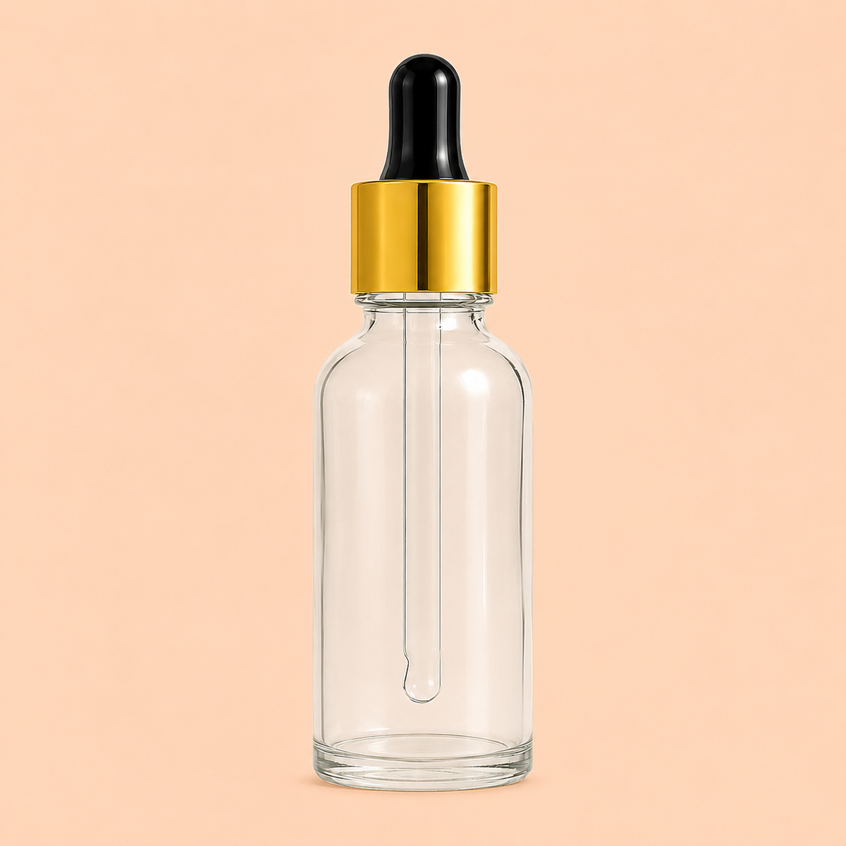 30ml clear glass dropper bottle with gold and black cap.