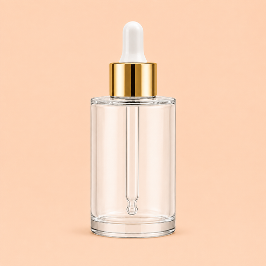 30ml clear glass dropper bottle with gold cap.Flat shoulder