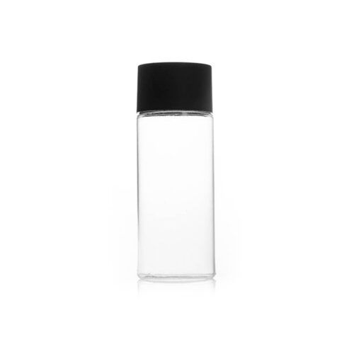 A clear PET tissue oil bottle with a black lid.