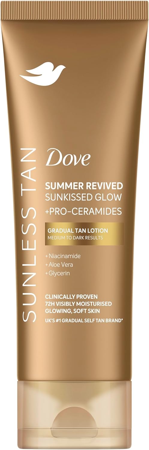 Dove Summer Revived Sunkissed Glow Medium to Dark Gradual Tan Lotion body lotion with Pro-Ceramides, Niacinamide, Aloe Vera & Glycerin for 72h visibly moisturised, glowing, soft skin 200 ml