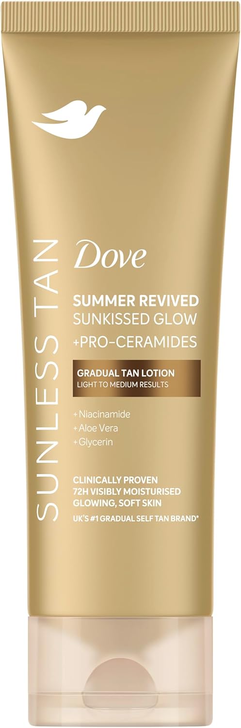 Dove Summer Revived Sunkissed Glow Light to Medium Gradual Tan Lotion body lotion with Pro-Ceramides, Niacinamide, Aloe Vera & Glycerin for 72h visibly moisturised, glowing, soft skin 200 ml