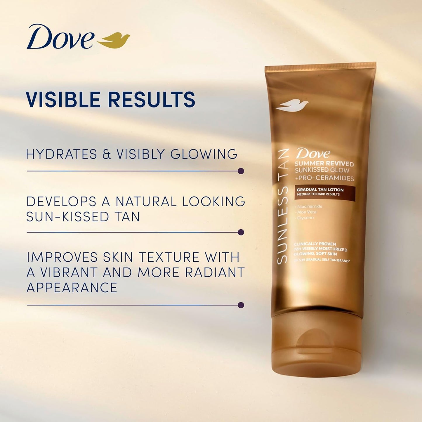 Dove Summer Revived Sunkissed Glow Medium to Dark Gradual Tan Lotion body lotion with Pro-Ceramides, Niacinamide, Aloe Vera & Glycerin for 72h visibly moisturised, glowing, soft skin 200 ml