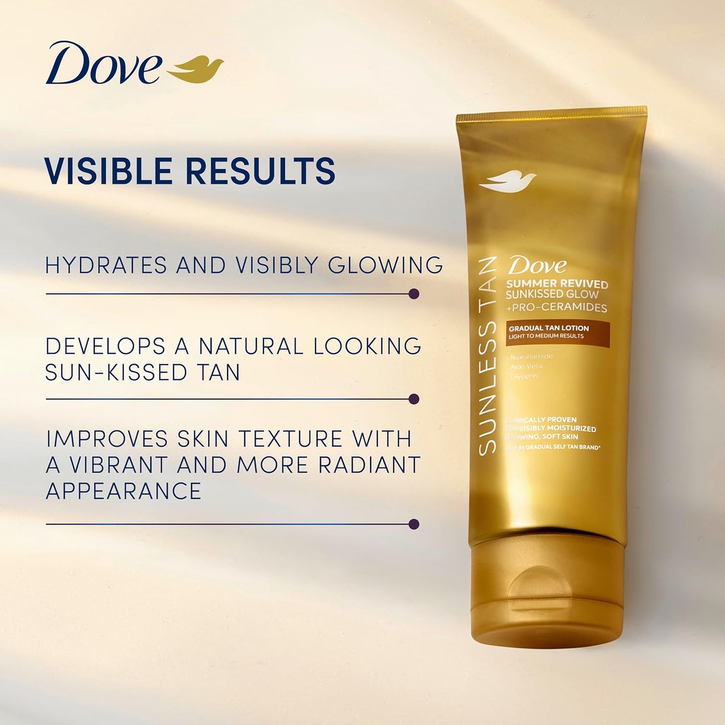 Dove Summer Revived Sunkissed Glow Light to Medium Gradual Tan Lotion body lotion with Pro-Ceramides, Niacinamide, Aloe Vera & Glycerin for 72h visibly moisturised, glowing, soft skin 200 ml