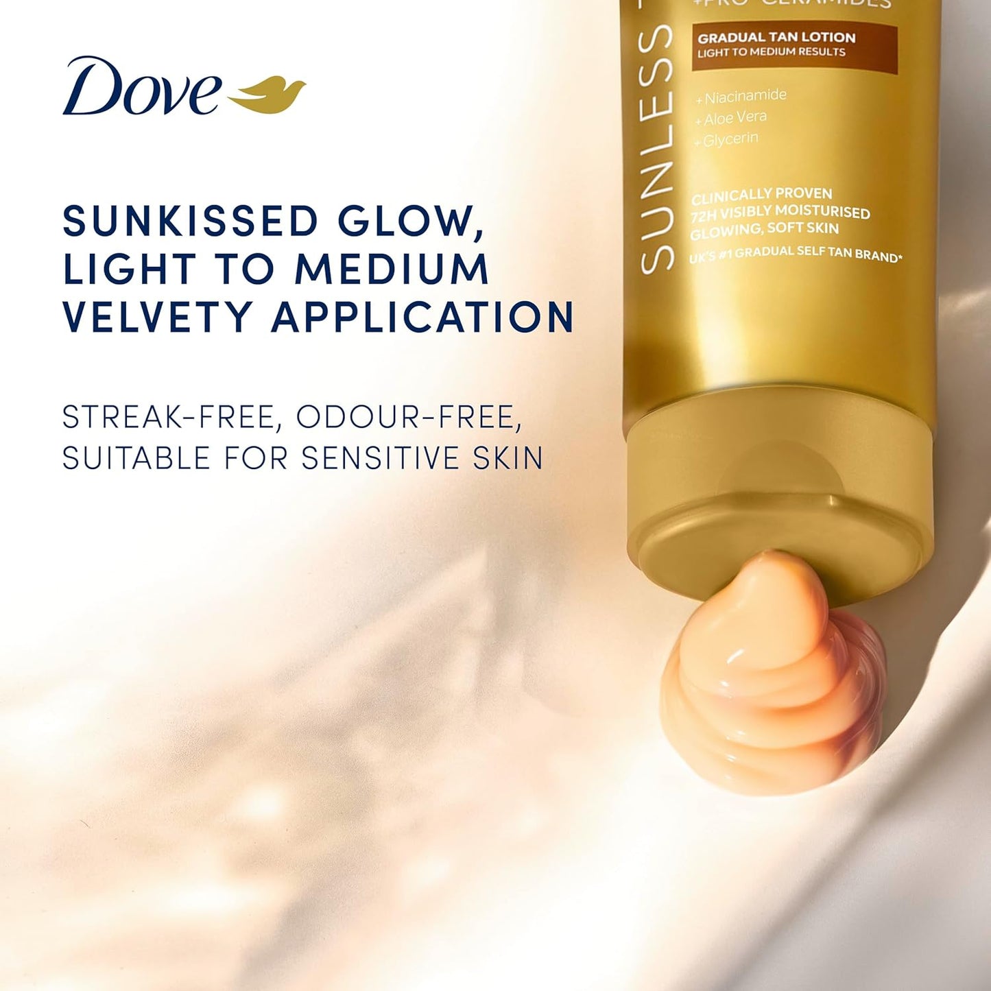 Dove Summer Revived Sunkissed Glow Light to Medium Gradual Tan Lotion body lotion with Pro-Ceramides, Niacinamide, Aloe Vera & Glycerin for 72h visibly moisturised, glowing, soft skin 200 ml