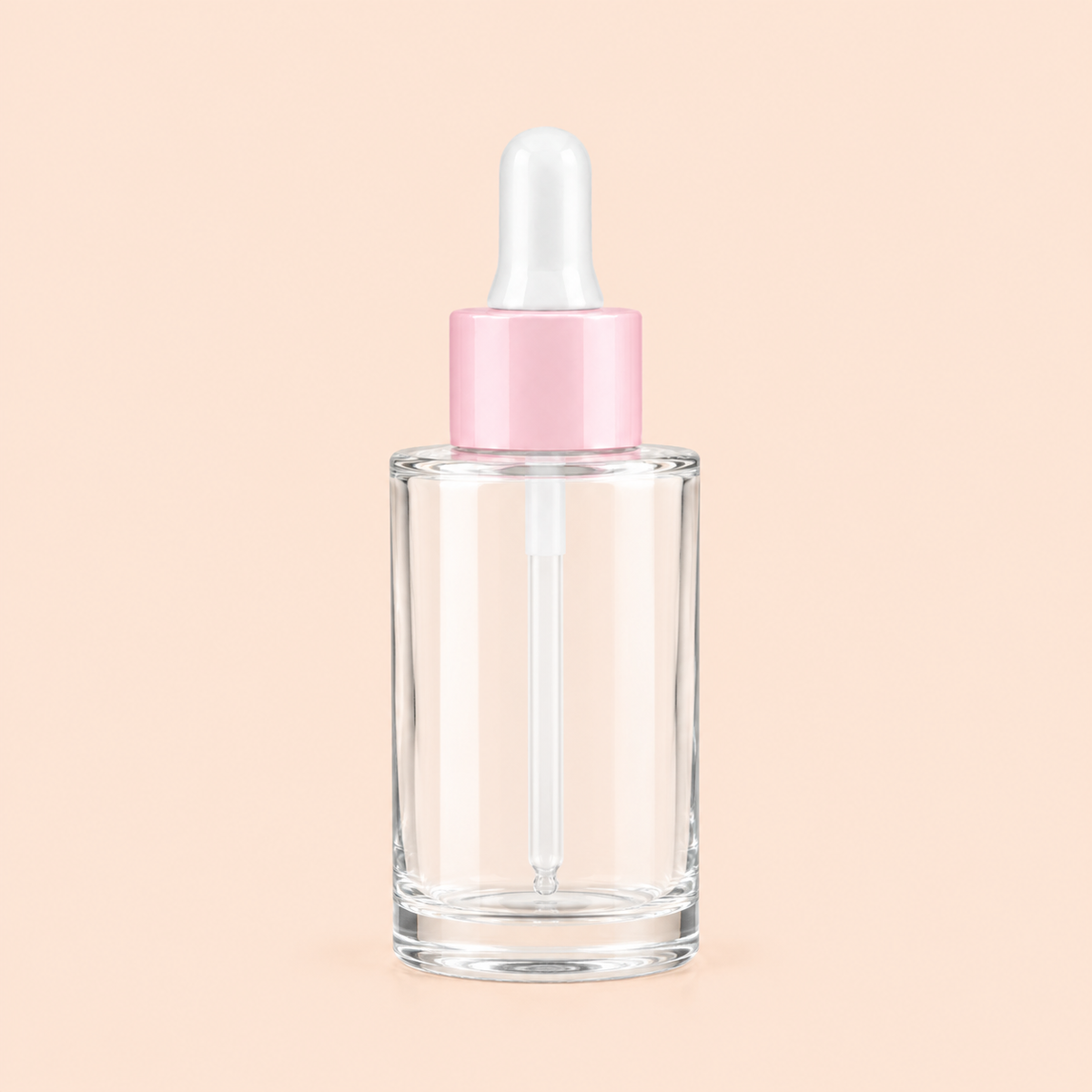 30ml Clear Glass Dropper Bottle-Pink/White Cap | Flat Shoulder-20mm Neck