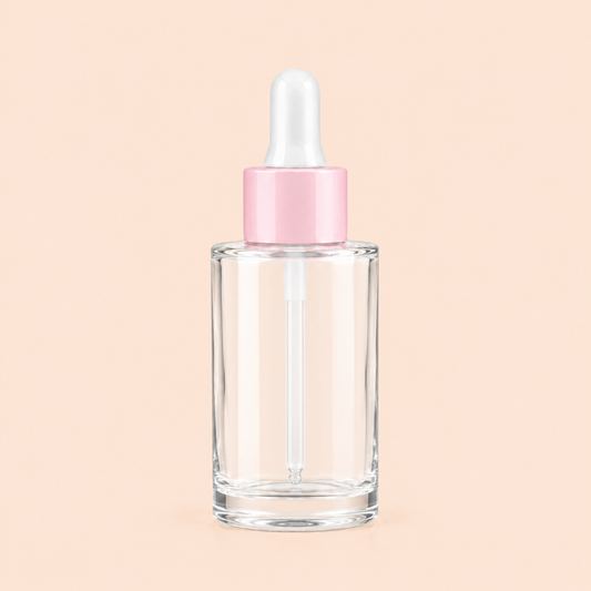 30ml Clear Glass Dropper Bottle-Pink/White Cap | Flat Shoulder-20mm Neck