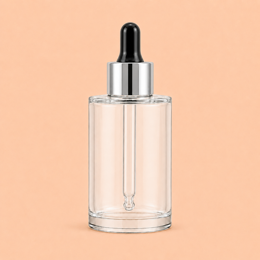 Clear glass dropper bottle with silver  cap.30ml