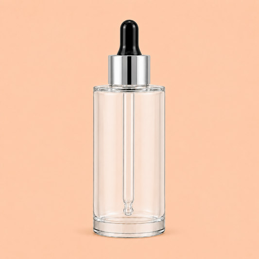 Clear glass dropper bottle with silver cap.50ml