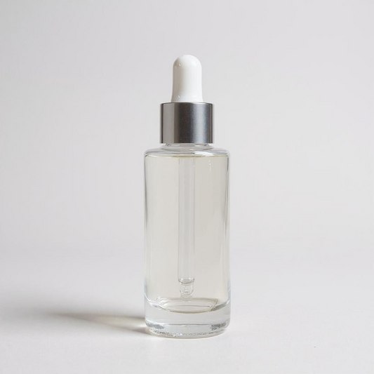 clear glass dropper bottle with white and silver pipette
