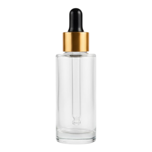 30ml clear glass dropper bottle with a gold cap 