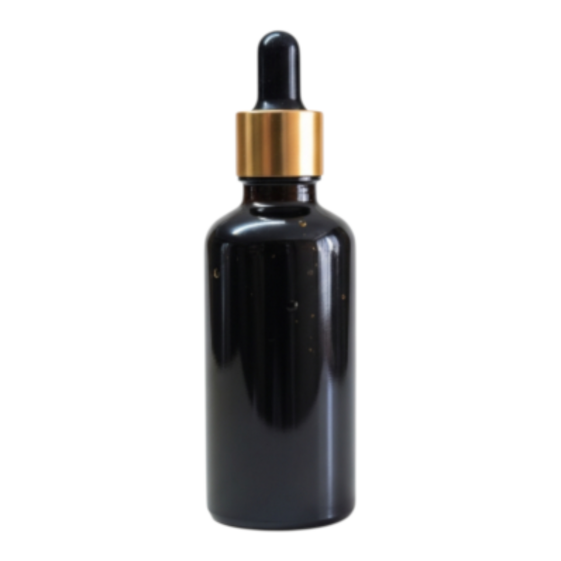 Black glass dropper bottle with gold cap