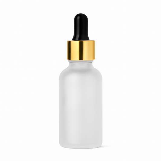 frosted dropper bottle with gold and black pipette