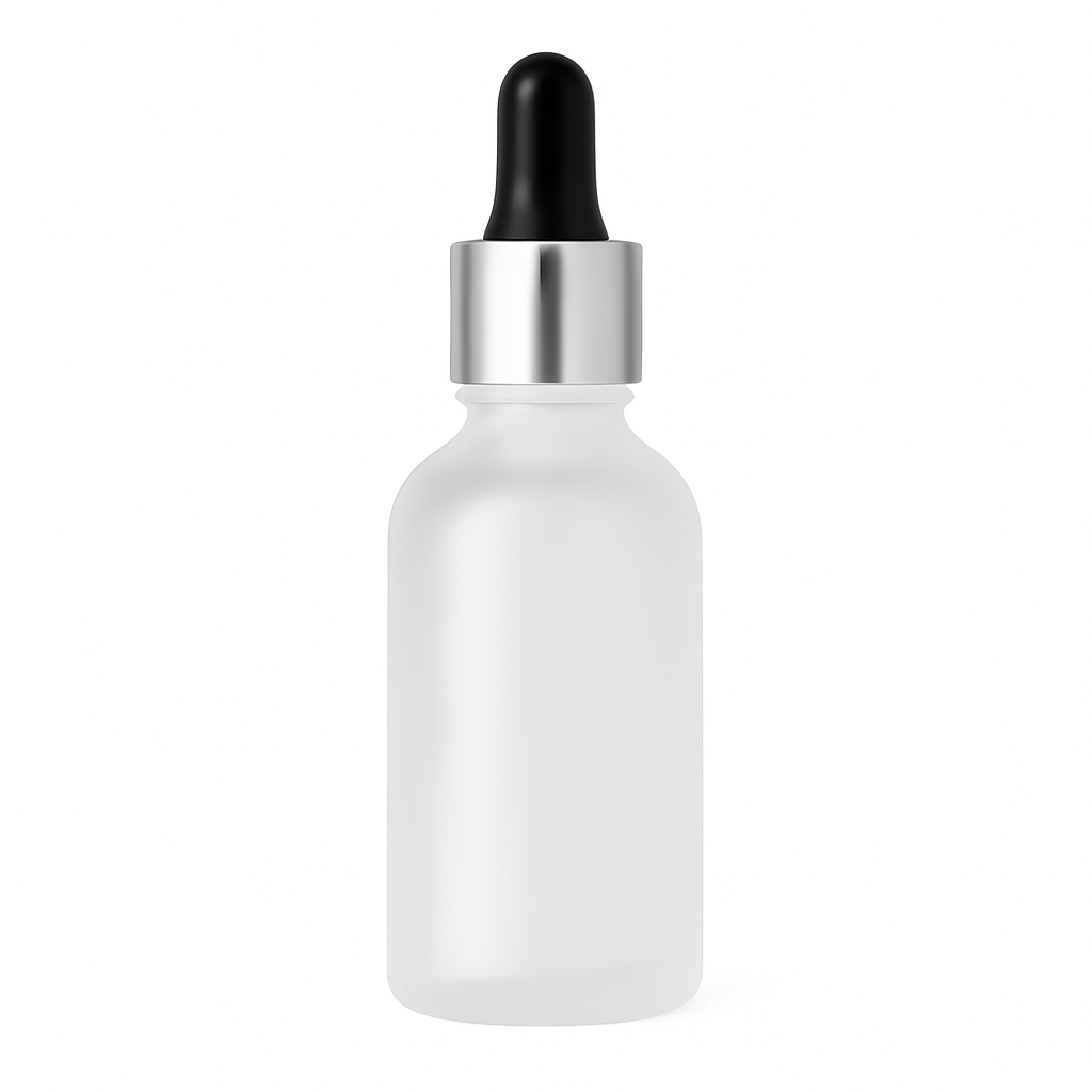 frosted dropper bottle with silver and black pipette