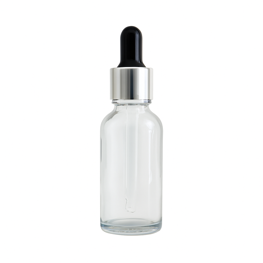 Clear glass dropper bottle with silver and black cap-30ml