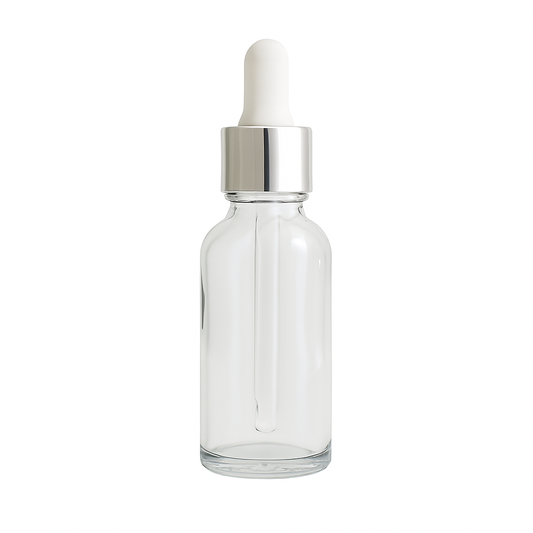 Clear glass dropper bottle with silver and white pipette.30ml