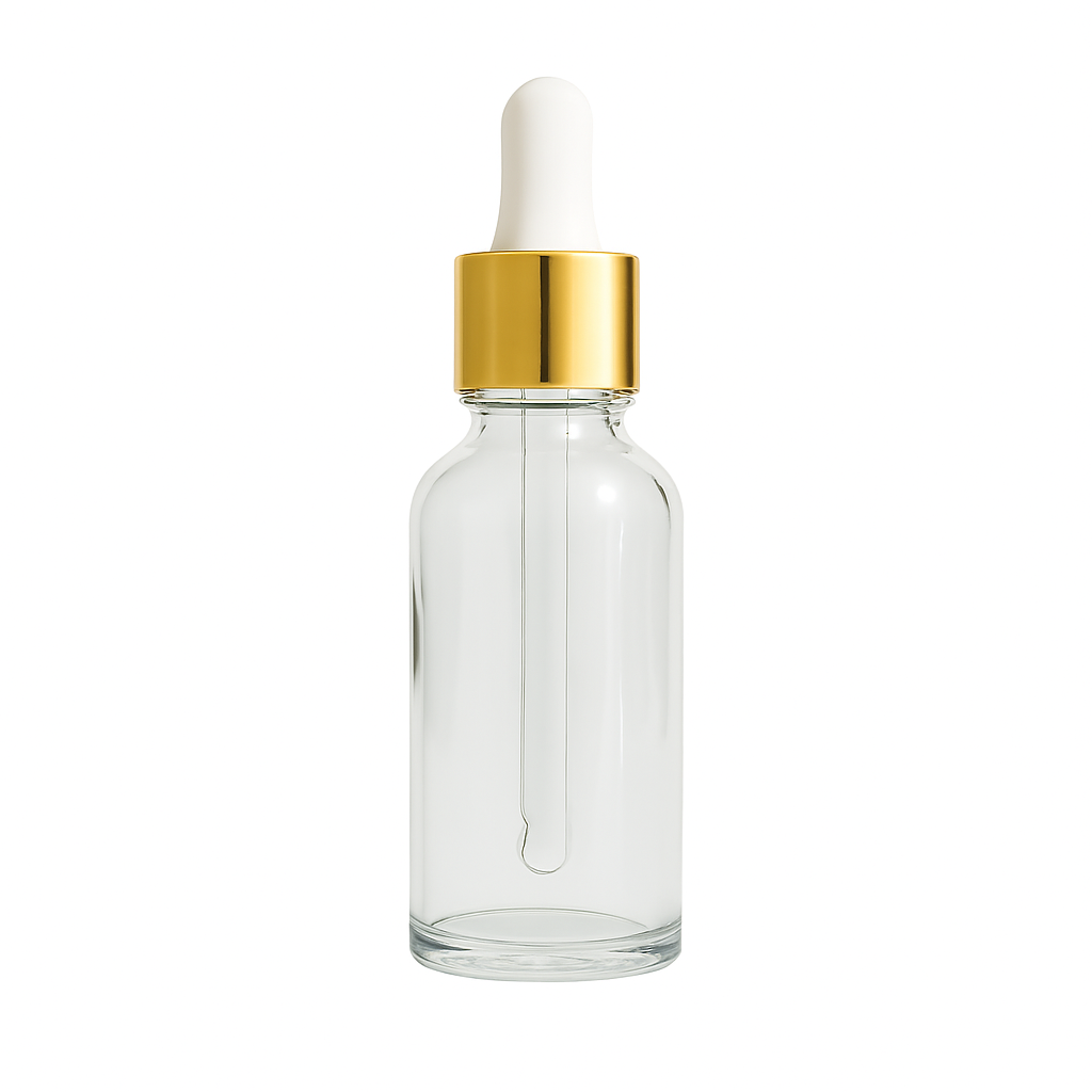 Clear glass dropper bottle with gold  and white cap -30ml
