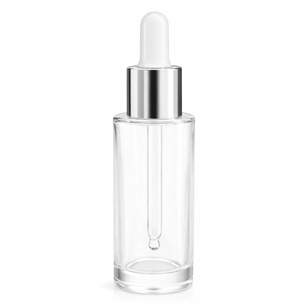 Clear glass dropper bottle with silver pipette