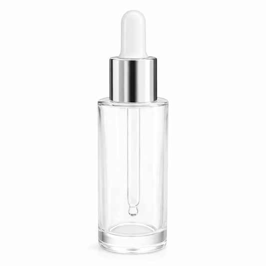 Clear glass dropper bottle with silver pipette
