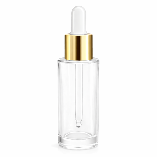 Clear glass dropper bottle with a gold cand white cap
