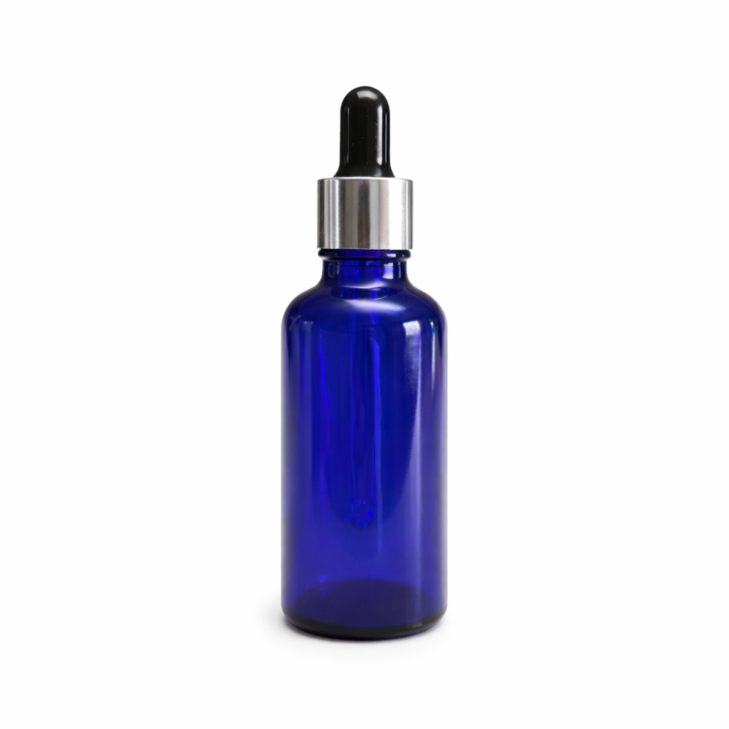 Blue glass dropper bottle with silver cap 