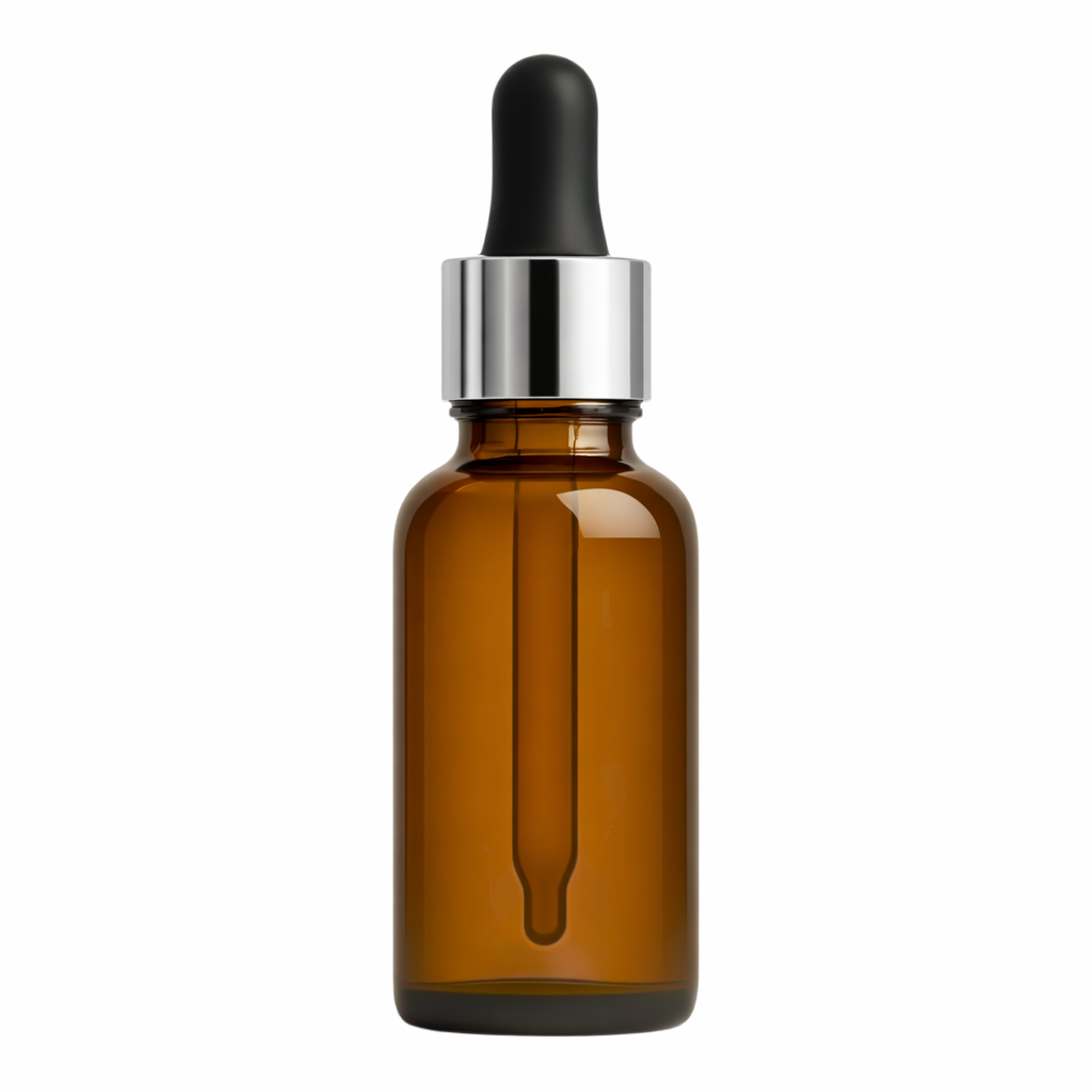 Amber glass dropper bottle with a silver cap .30ml