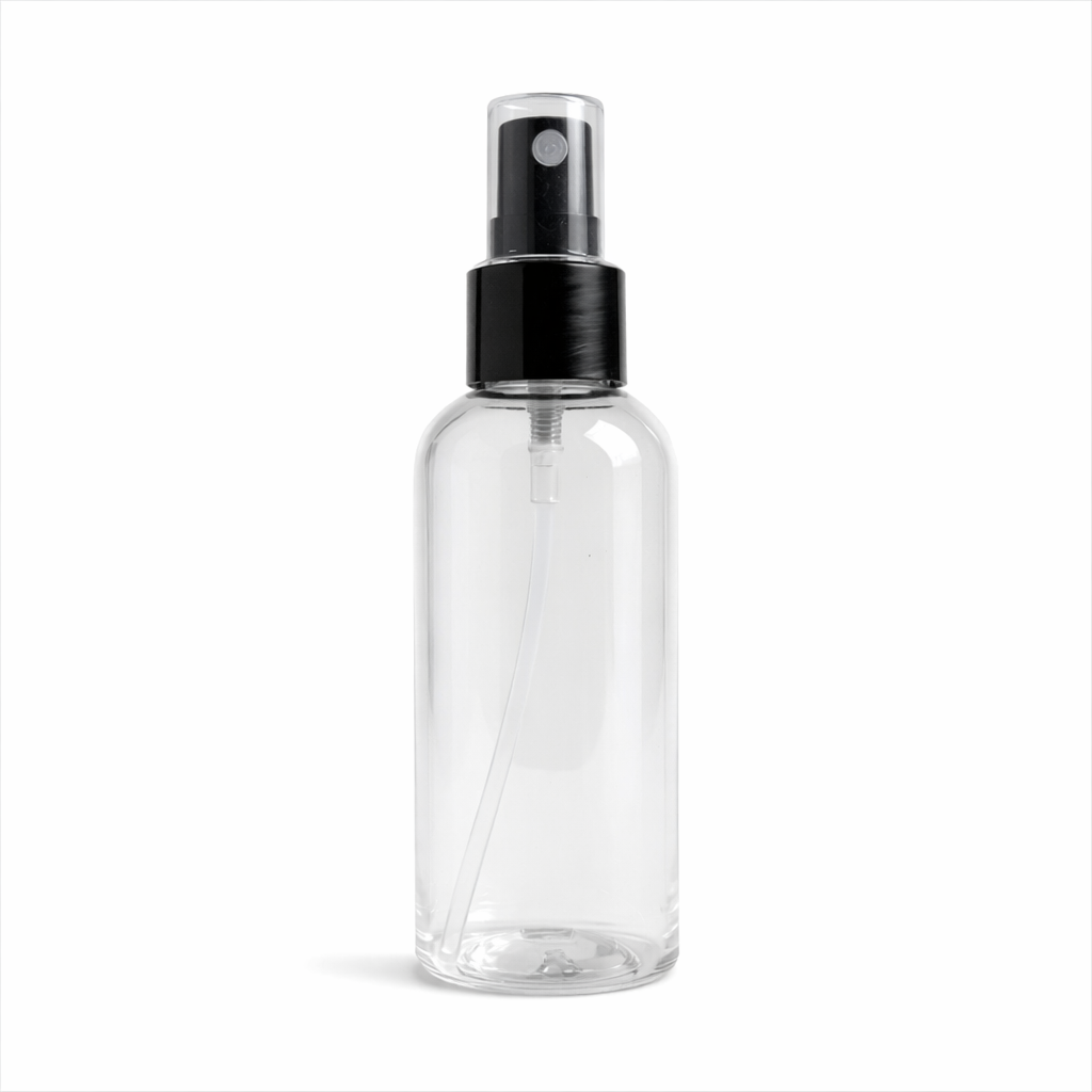 Clear spray bottle with black nozzle 