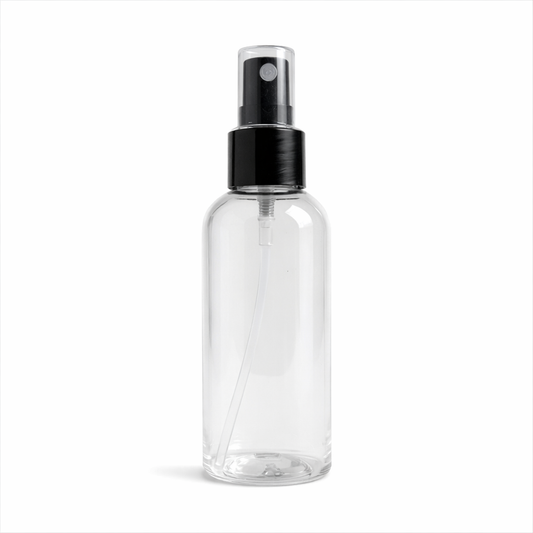 Clear spray bottle with black nozzle 