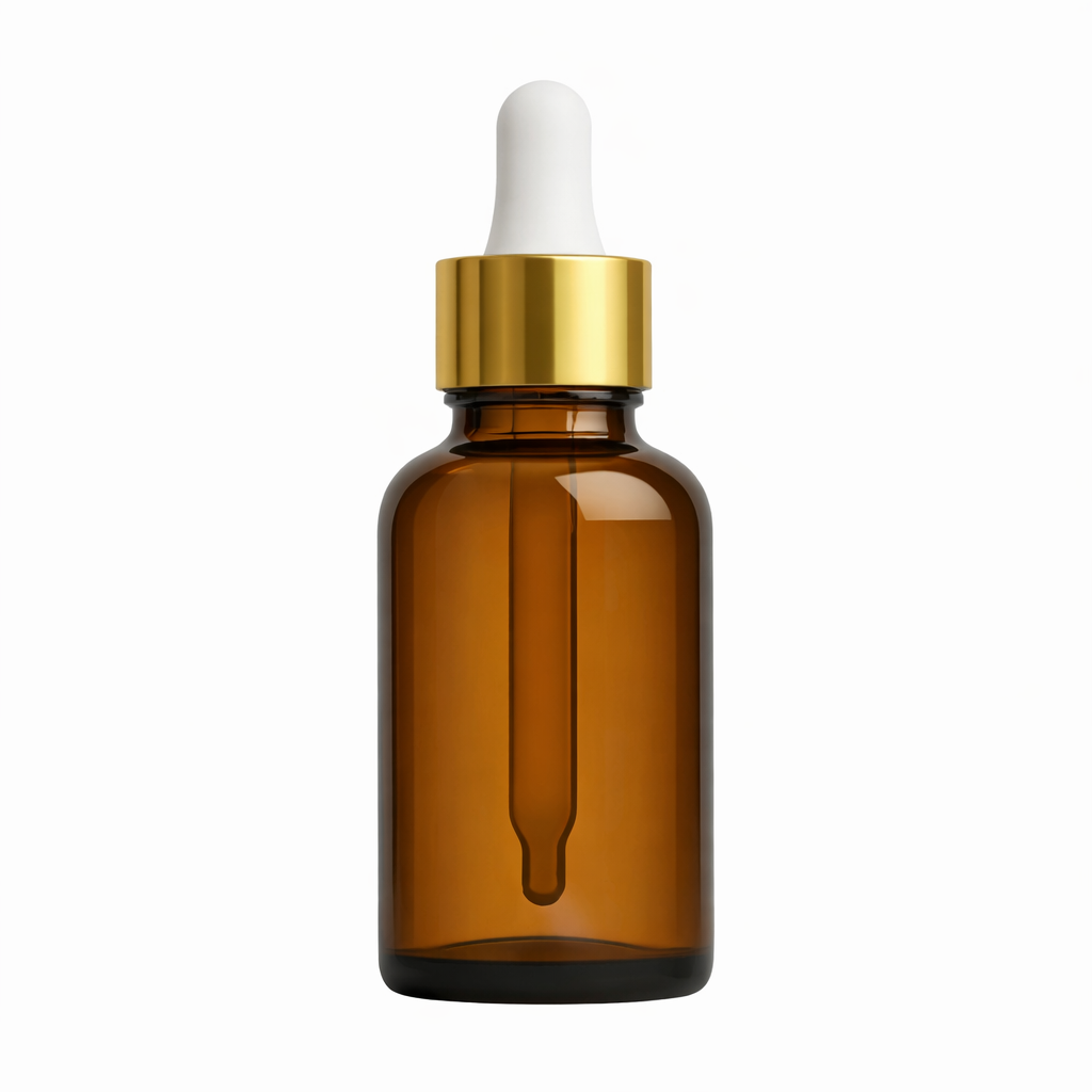 Amber glass dropper bottle with gold cap.30ml
