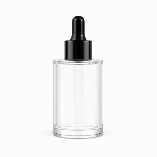 A clear glass dropper bottle with a black cap.30ml