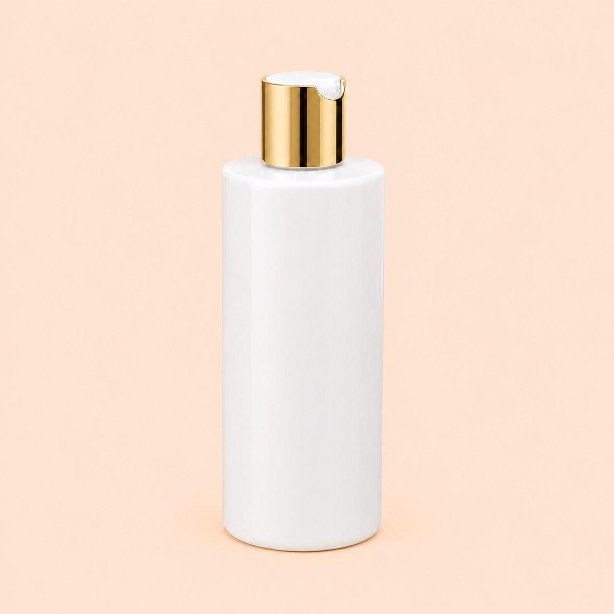 200ml flat shoulder bottle with gold and white disc top