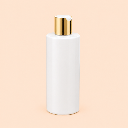 200ml flat shoulder bottle with gold and white disc top