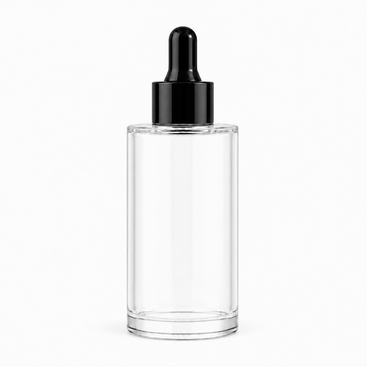 clear flat shoulder glass dropper bottle with blak cap