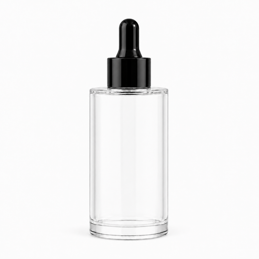 clear flat shoulder glass dropper bottle with blak cap